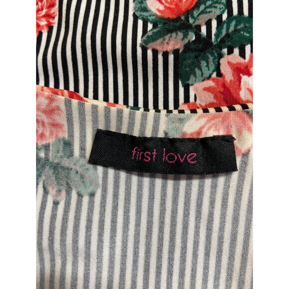First Love Ruffle Tank Top L Black White Floral Stripe Red Roses Boho Summer Y2K - Picture 3 of 7